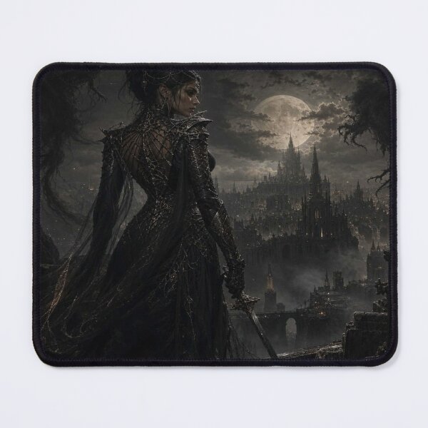 Item preview, Dark warrior woman overlooking a moonlit gothic city wrapped in shadow and silent tension designed and sold by FotoworldEdel.