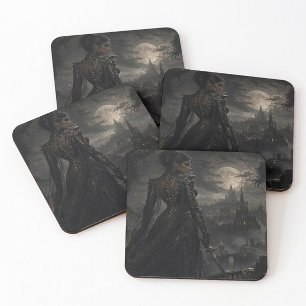 Item preview, Dark warrior woman overlooking a moonlit gothic city wrapped in shadow and silent tension designed and sold by FotoworldEdel.