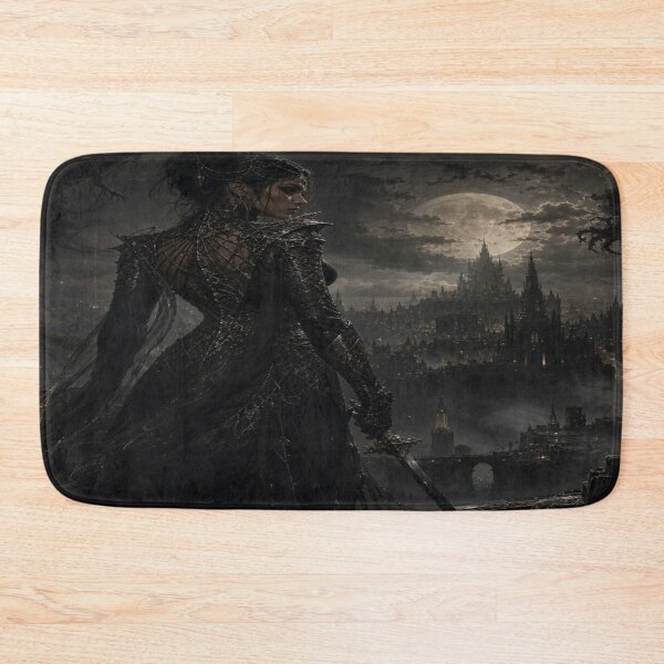 Item preview, Dark warrior woman overlooking a moonlit gothic city wrapped in shadow and silent tension designed and sold by FotoworldEdel.