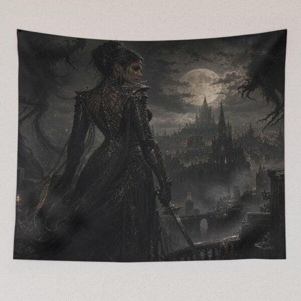 Item preview, Dark warrior woman overlooking a moonlit gothic city wrapped in shadow and silent tension designed and sold by FotoworldEdel.