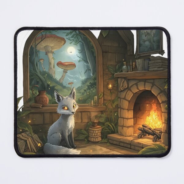 Item preview, A cozy fantasy scene depicts a small silver fox with glowing eyes sitting in a warm forest designed and sold by Spoofy Don`t fit in. Stand out.