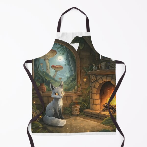 Item preview, A cozy fantasy scene depicts a small silver fox with glowing eyes sitting in a warm forest designed and sold by CozyAnimalArt.