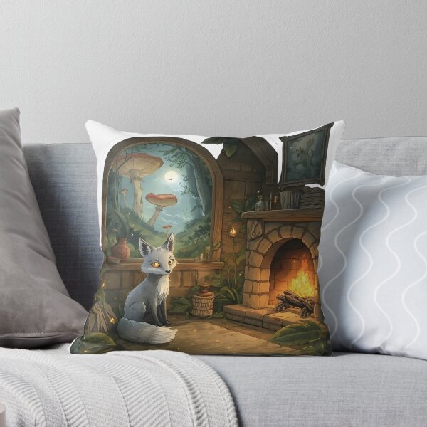 Item preview, A cozy fantasy scene depicts a small silver fox with glowing eyes sitting in a warm forest designed and sold by CozyAnimalArt.