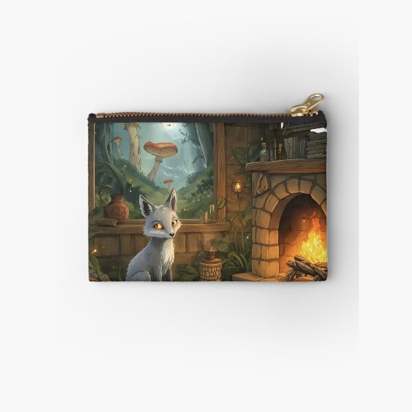 Item preview, A cozy fantasy scene depicts a small silver fox with glowing eyes sitting in a warm forest designed and sold by CozyAnimalArt.