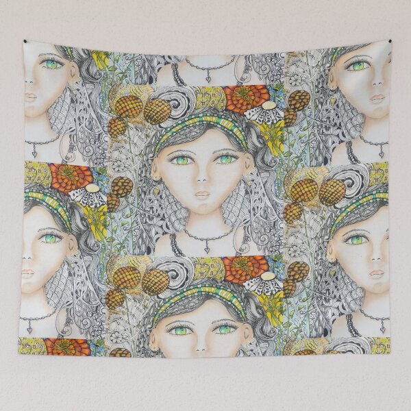 Item preview, Green-Eyed Girl with Intricate Floral Headband – Zentangle Portrait designed and sold by LorieFossaArt.