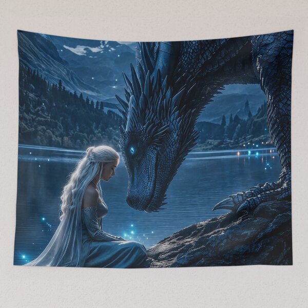 Item preview, Moonlit Blue Dragon And Mystic Princess | Dark Fantasy Night Art designed and sold by DrakariArt.