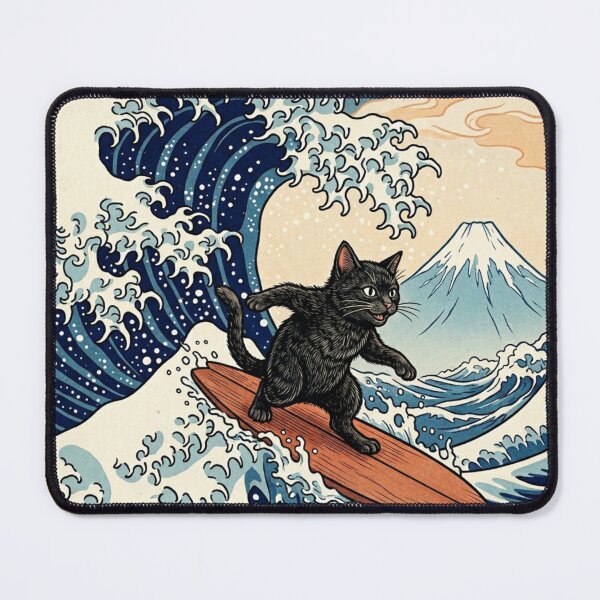 Item preview, Surfing Black Cat in Hokusai Great Wave Ukiyo-e Japanese Art designed and sold by vekotpu.