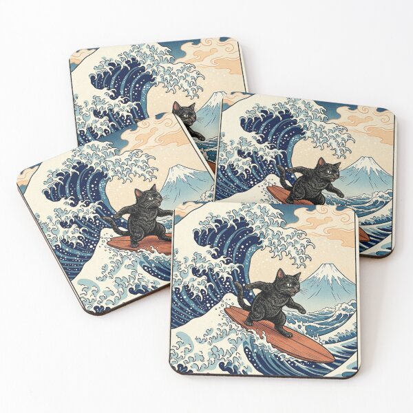 Item preview, Surfing Black Cat in Hokusai Great Wave Ukiyo-e Japanese Art designed and sold by vekotpu.