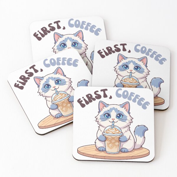 Item preview, First Coffee Cute Blue Eyed Cat Iced Latte Retro designed and sold by Snowy Studio Designs.