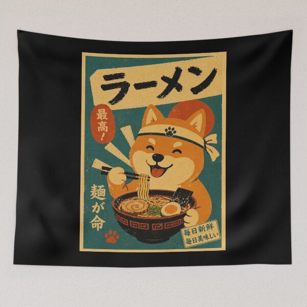 Item preview, Happy Shiba Inu Ramen Poster in Vintage Japanese Noodle Style designed and sold by eliramaison.