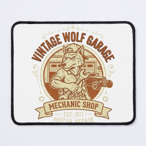 Item preview, Vintage Wolf Garage Mechanic Retro T-Shirt Design designed and sold by RelateAndTee.