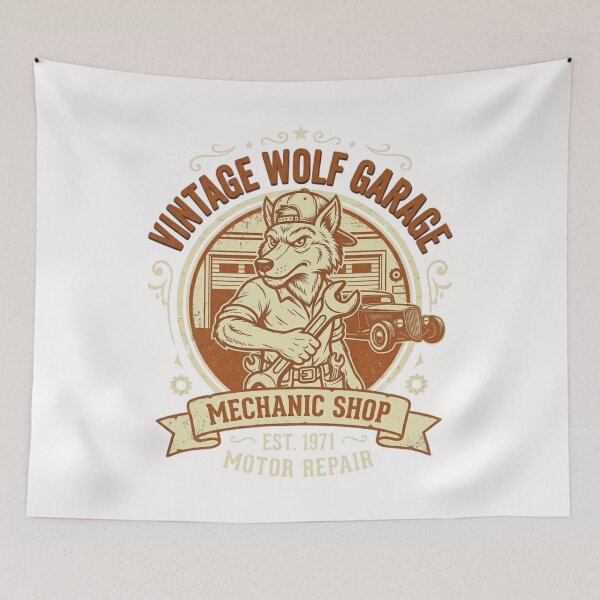 Item preview, Vintage Wolf Garage Mechanic Retro T-Shirt Design designed and sold by RelateAndTee.