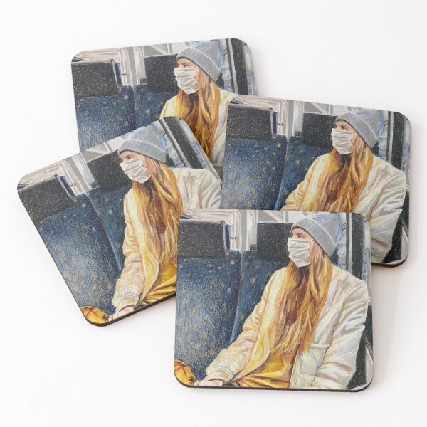 Item preview, Cozy Pastel Drawing of Woman in Mask on Train Window Seat designed and sold by lydiacosyart.