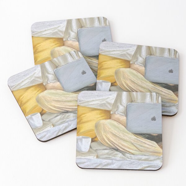 Item preview, Cozy Pastel Drawing of Person Working on Laptop in Bed designed and sold by lydiacosyart.