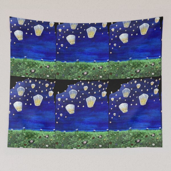Item preview, Acrylic painting of Chinese lanterns over a summer meadow designed and sold by creaphyl28.