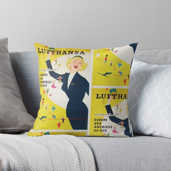 Vintage 1950's German Lufthansa Throw Pillow