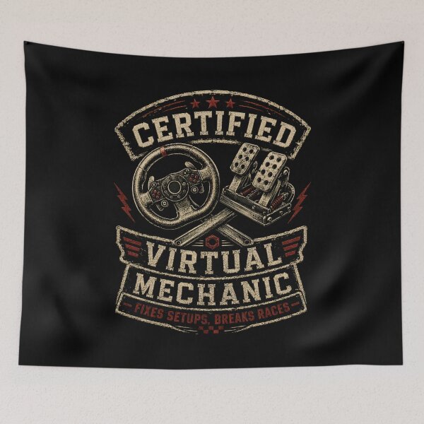 Item preview, Certified Virtual Mechanic Fixes Setups Breaks Races Sim Racing Crest designed and sold by Fenay Designs.