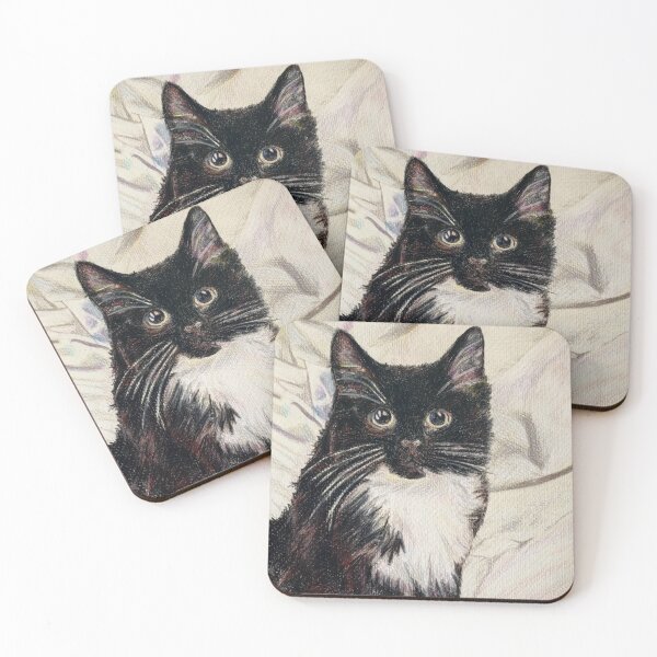 Item preview, Colored Pencil Drawing of Fluffy Tuxedo Cat Black and White Kitten designed and sold by lydiacosyart.