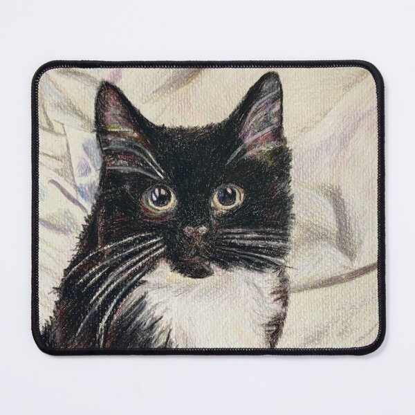 Item preview, Colored Pencil Drawing of Fluffy Tuxedo Cat Black and White Kitten designed and sold by lydiacosyart.
