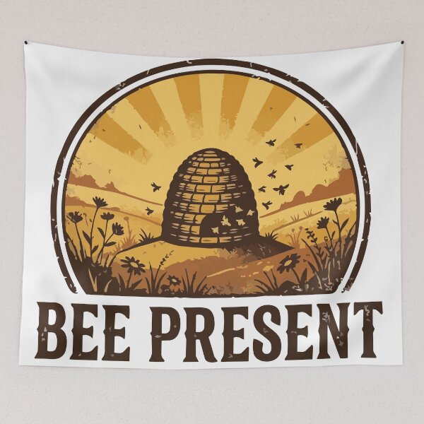 Item preview, Bee Present - Vintage Skep Hive & Honey Bee Badge designed and sold by ArcApparel2020.