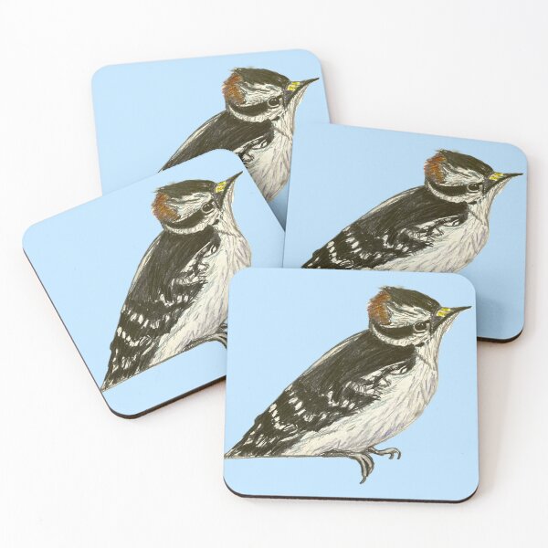 Item preview, Downy Woodpecker - simple blue background designed and sold by woodland-towers.