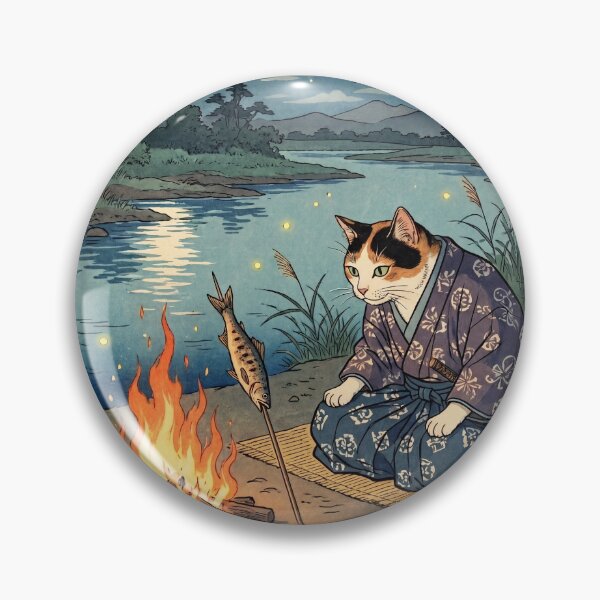 Item preview, Cat Grilling Fish by a Campfire on a River Bank — Neko no Kawara Takibi Uoyaki Zu | Japanese Ukiyo-e Cat Art designed and sold by Ukiyo Neko Hyakkei - Cats of the Floating World-.