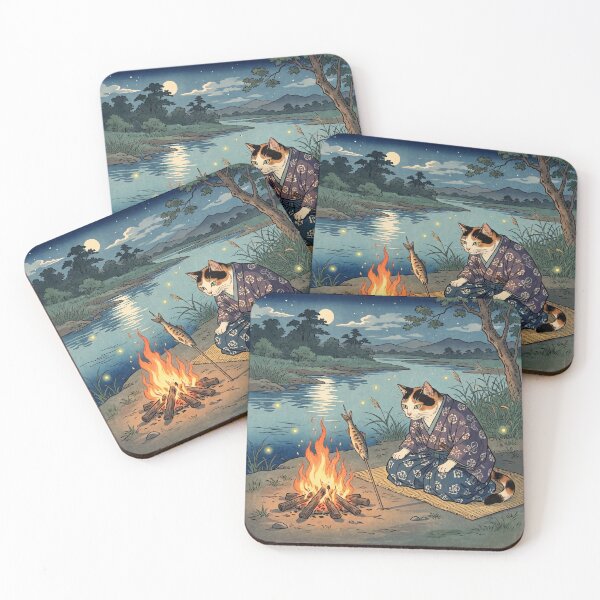 Item preview, Cat Grilling Fish by a Campfire on a River Bank — Neko no Kawara Takibi Uoyaki Zu | Japanese Ukiyo-e Cat Art designed and sold by Ukiyo Neko Hyakkei - Cats of the Floating World-.