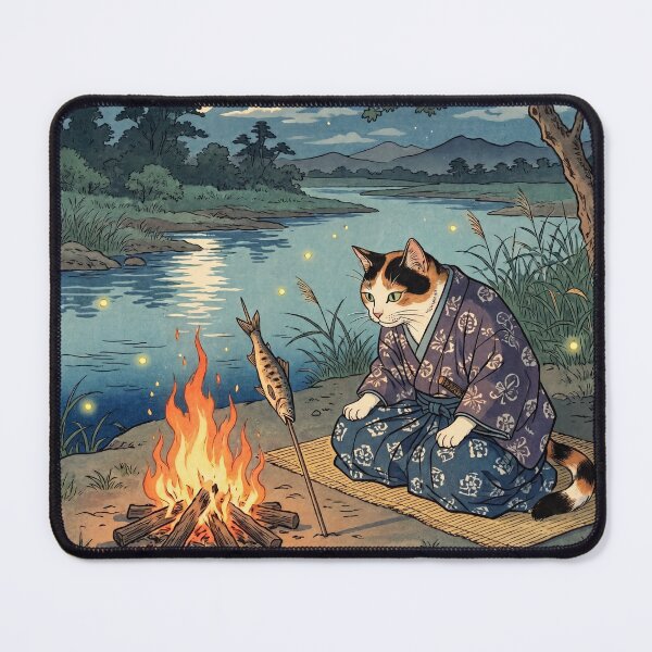Item preview, Cat Grilling Fish by a Campfire on a River Bank — Neko no Kawara Takibi Uoyaki Zu | Japanese Ukiyo-e Cat Art designed and sold by Ukiyo Neko Hyakkei - Cats of the Floating World-.