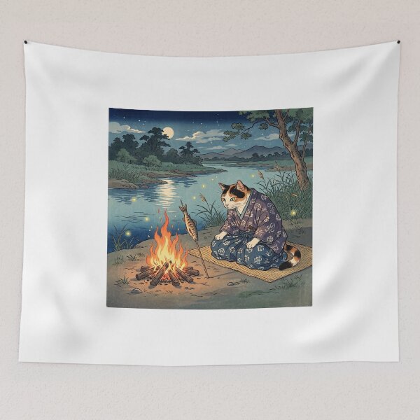 Item preview, Cat Grilling Fish by a Campfire on a River Bank — Neko no Kawara Takibi Uoyaki Zu | Japanese Ukiyo-e Cat Art designed and sold by Ukiyo Neko Hyakkei - Cats of the Floating World-.