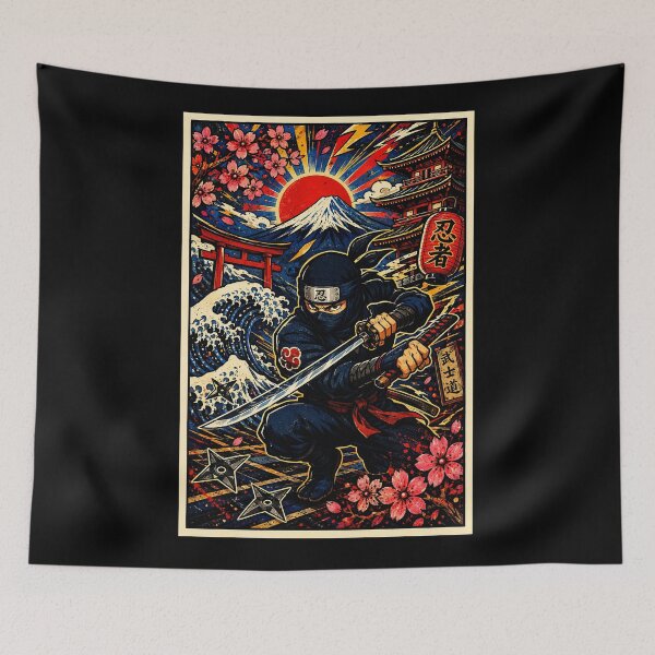 Item preview, Retro Ninja Warrior Poster with Japanese Samurai Action designed and sold by eliramaison.