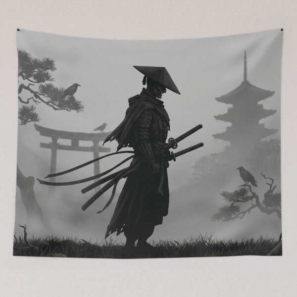 Item preview, Dark Samurai Silhouette - Japanese Ronin Warrior & Pagoda Mist Landscape designed and sold by WormJ.