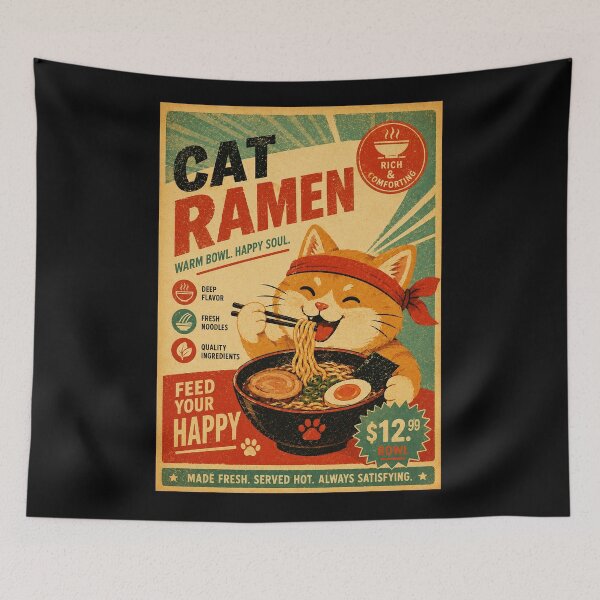 Item preview, Cute Cat Ramen Poster with Cozy Retro Japanese Food Stall Style designed and sold by eliramaison.