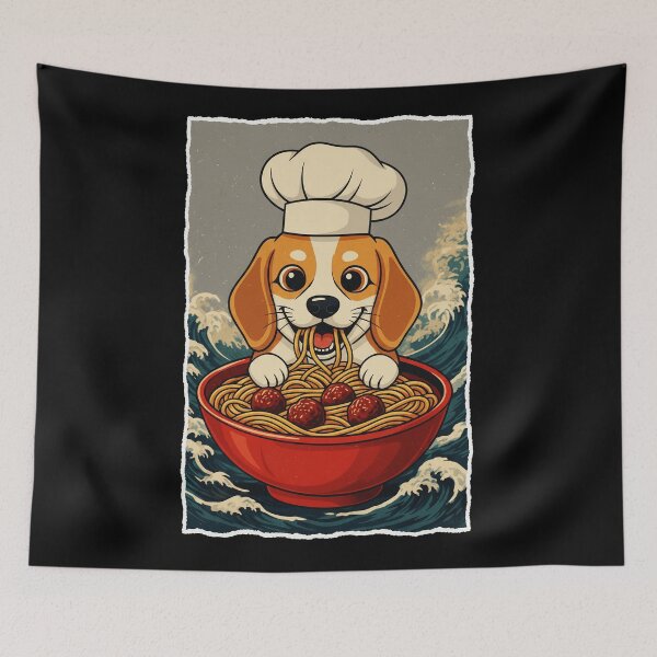 Item preview, Cute Chef Puppy Eating Spaghetti In Retro Japanese Wave designed and sold by JordynLadukeg65.