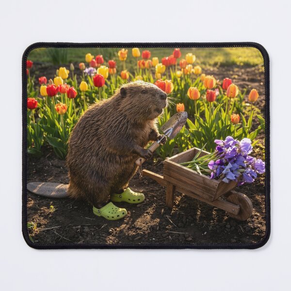 Item preview, Gardening Beaver Collects Irises and Tulips designed and sold by Tridentulus.