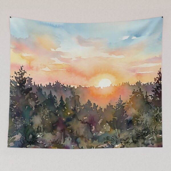 Item preview, Sunrise over tree tops. Watercolor designed and sold by Mia's Menagerie.