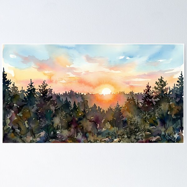Item preview, Sunrise over tree tops. Watercolor designed and sold by Mia's Menagerie.