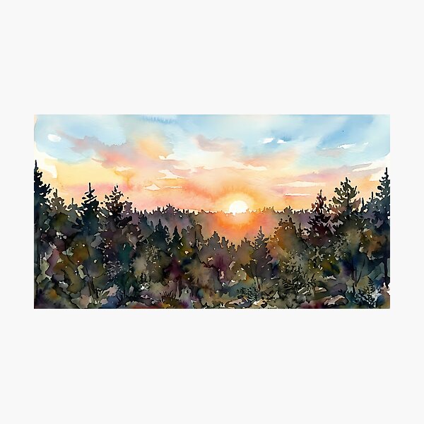 Item preview, Sunrise over tree tops. Watercolor designed and sold by Mia's Menagerie.