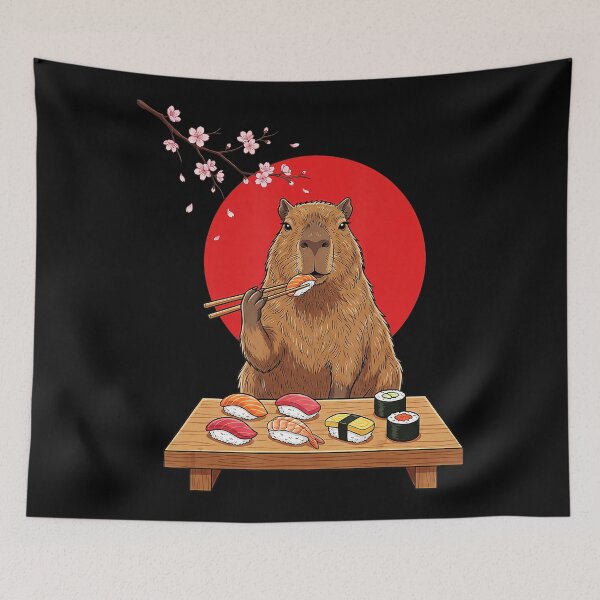 Item preview, Capybara Sushi Dinner Scene With Vintage Japanese Kawaii Anime Style designed and sold by titanlevi.