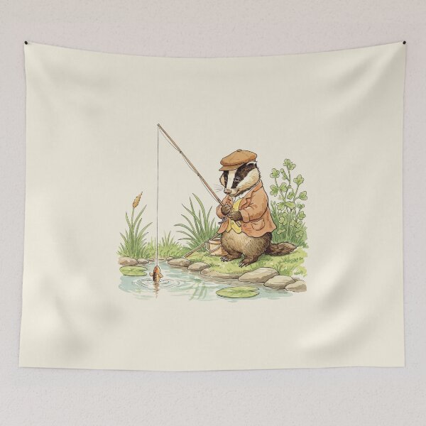 Item preview, Vintage Pastel Watercolor Badger Fishing designed and sold by Pasteltone.
