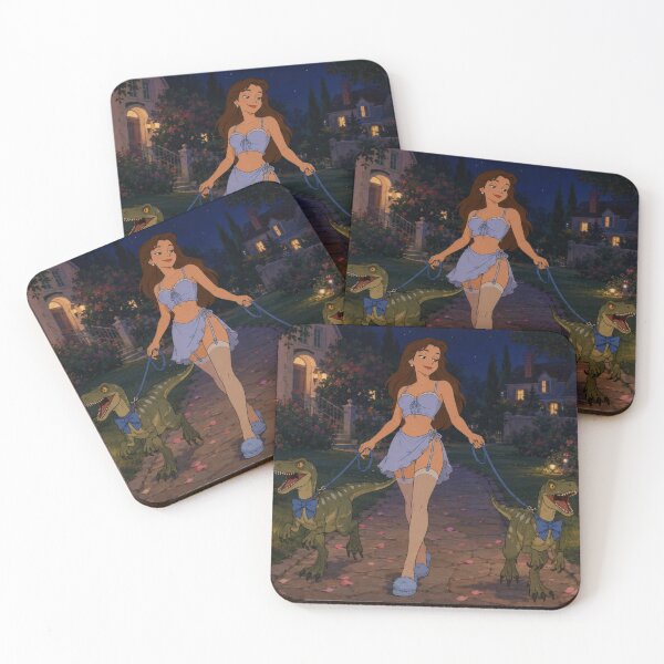 Item preview, Good Girl Walking Tiny Dinosaurs Funny Retro Anime Art designed and sold by  Hollow Moon Studios..