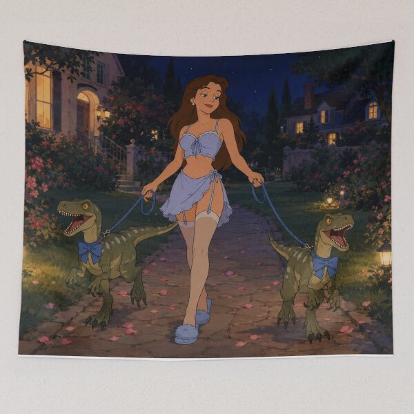 Item preview, Good Girl Walking Tiny Dinosaurs Funny Retro Anime Art designed and sold by  Hollow Moon Studios..