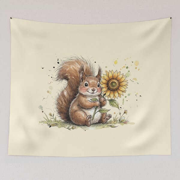Item preview, Cute Watercolor Squirrel with Big Sunflower Art designed and sold by BreezifyDesignStudio.