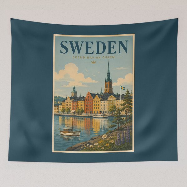 Item preview, Sweden Landscape Illustration Travel Art Vintage designed and sold by KrisSidDesigns.