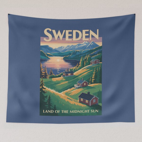 Item preview, Sweden Scandinavia Landscape Illustration Travel Art Vintage designed and sold by KrisSidDesigns.