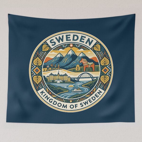 Item preview, Sweden Dala Horse Illustration Travel Art Badge designed and sold by KrisSidDesigns.
