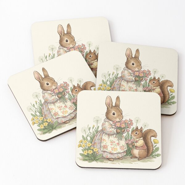 Item preview, Vintage Watercolor Bunny and Squirrel with Flowers designed and sold by Pasteltone.