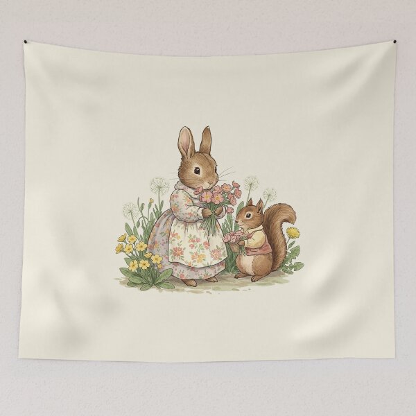 Item preview, Vintage Watercolor Bunny and Squirrel with Flowers designed and sold by Pasteltone.