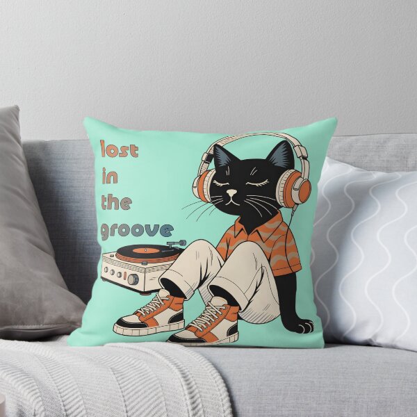 Item preview, Lost in the Groove - Retro Black Cat Listening to Vinyl Record designed and sold by Analog Threads & Goods.