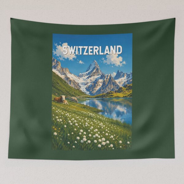 Item preview, Switzerland Cows Cow Illustration Travel Art Vintage designed and sold by KrisSidDesigns.