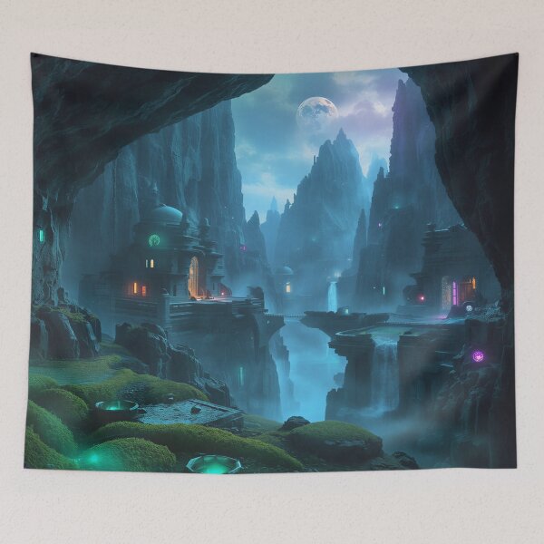 Item preview, Bioluminescent Canyon Temple Fantasy Landscape designed and sold by Luminous Wilds.
